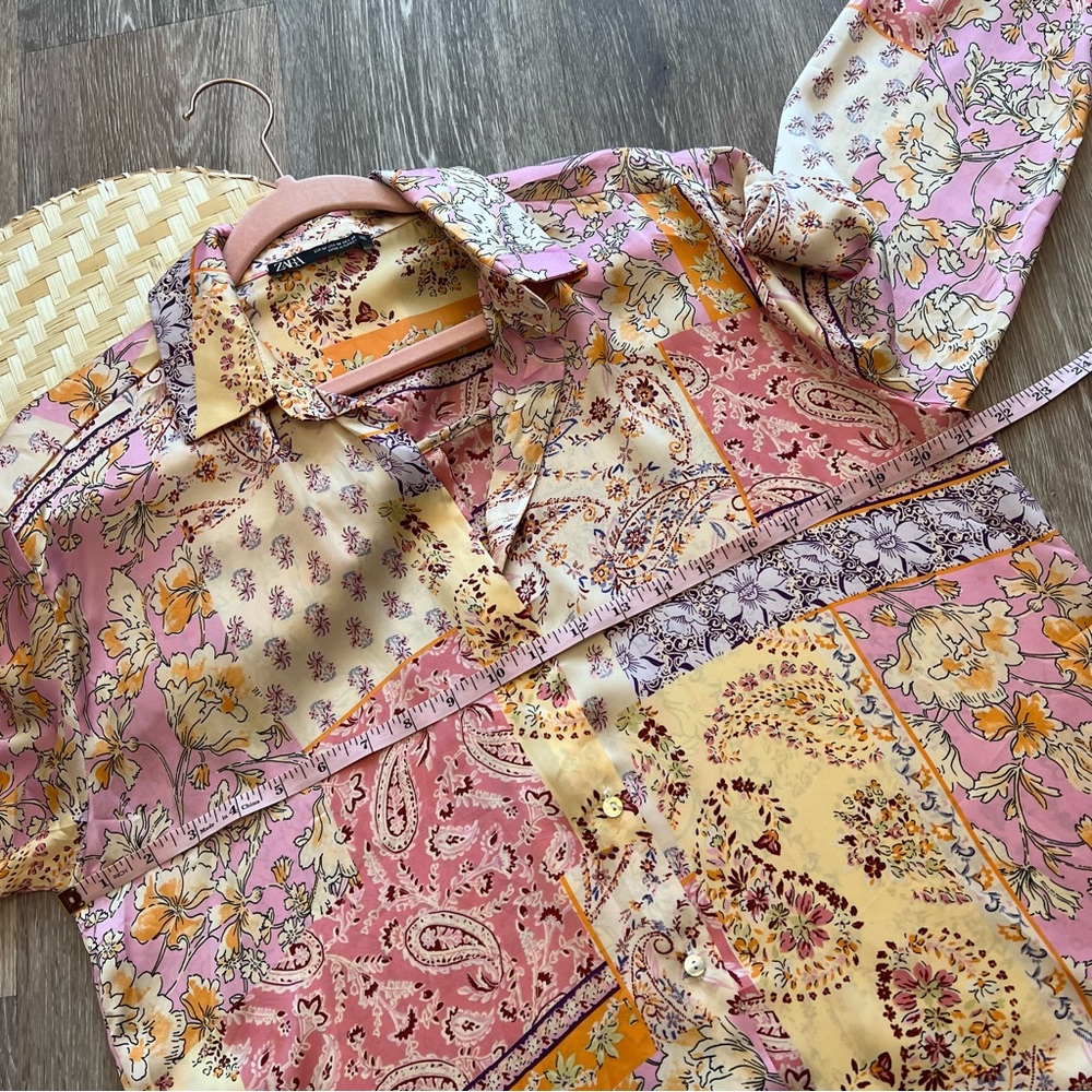 Zara Pink Yellow Floral Patchwork Button-Up Blouse - Picture 6 of 7